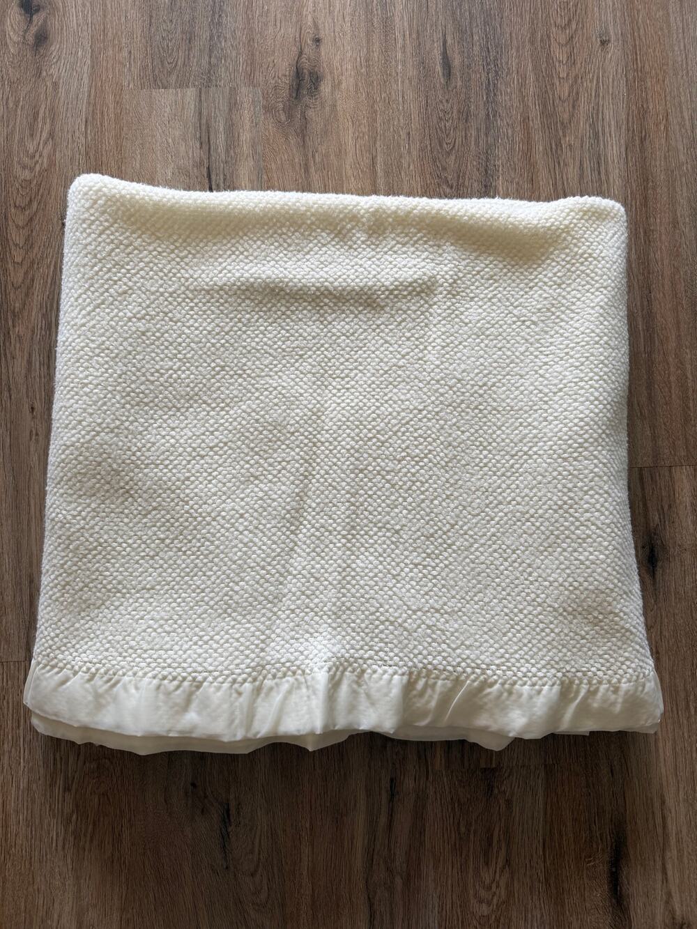 Vintage Cream Waffle Weave Blanket with Satin Trim 72”x82”